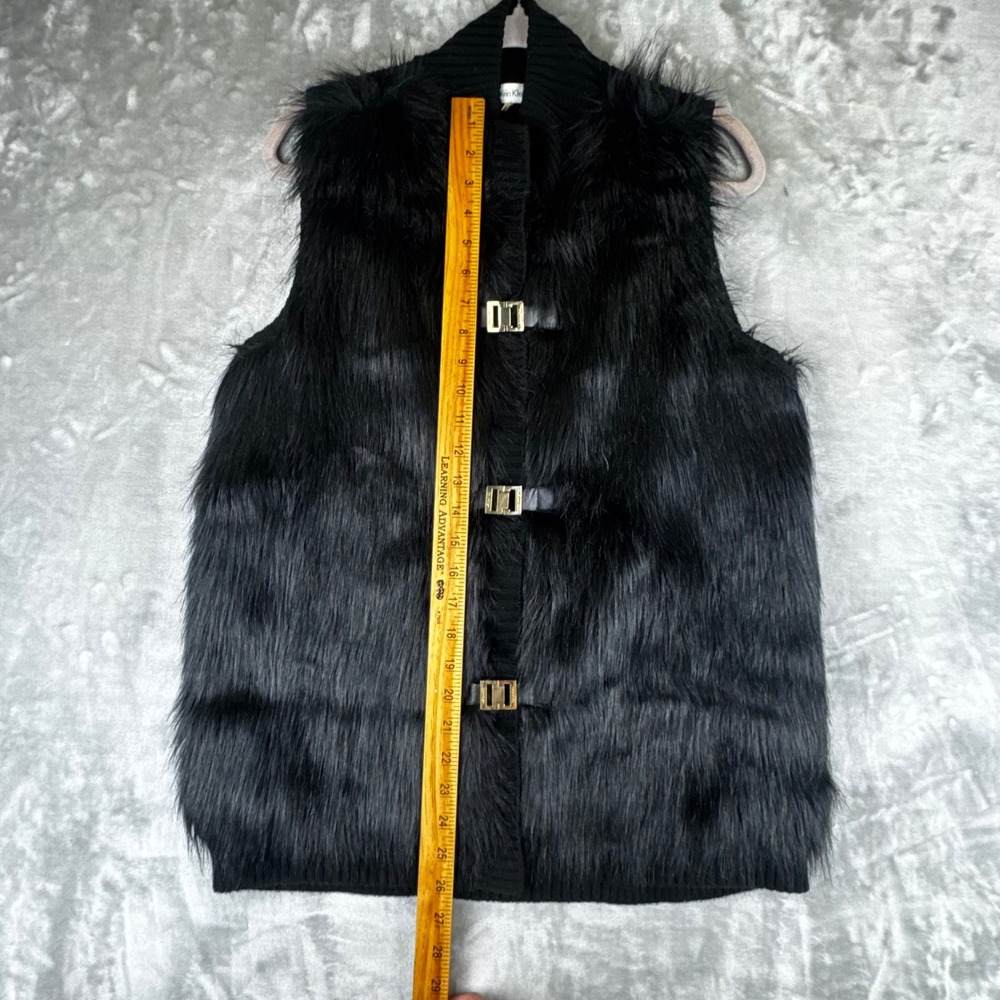 Calvin Klein Faux Fur Vest Womens XL Black Ribbed Knit Gold Buckle Zip (1617) - Picture 9 of 10